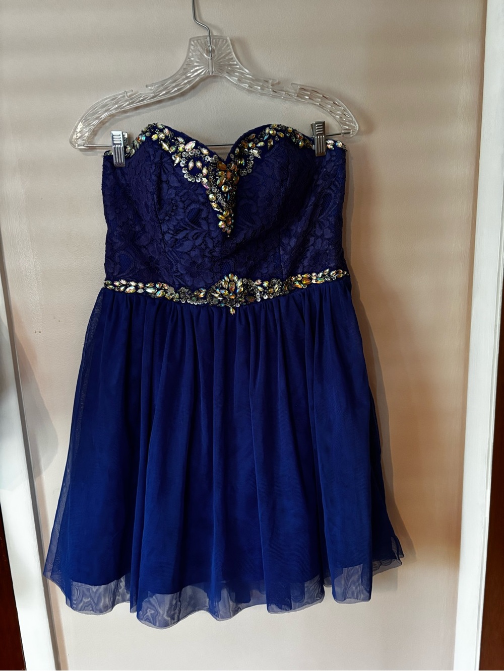 Blue Strapless Tulle Homecoming Dress Rhinestones, corset, lace size 13 Y2K